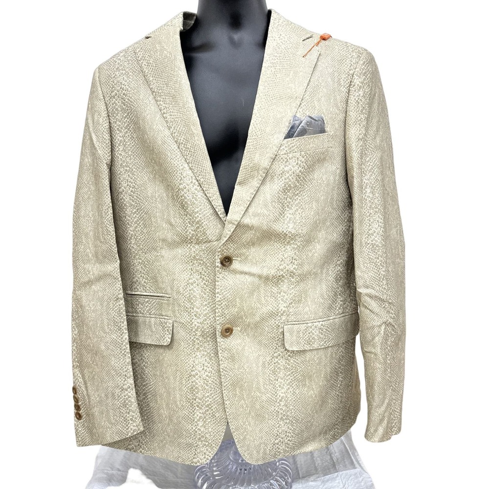 NWT Mens Sz M Tallia Snake Skin Print Sport Jacket W/Handkerchief. Cream/Tan